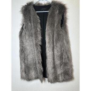 Women's Ann Taylor Grey Brown Faux Fur Sleeveless Vest Sz L Eyelet Front Closure